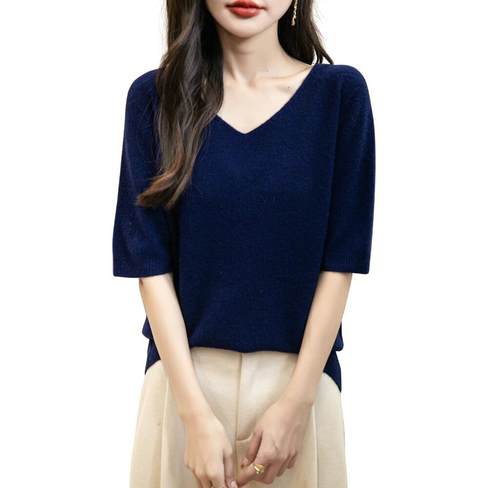 Women's Merino Wool V-Neck Sweater Short Sleeve Seamless Knit Medium
